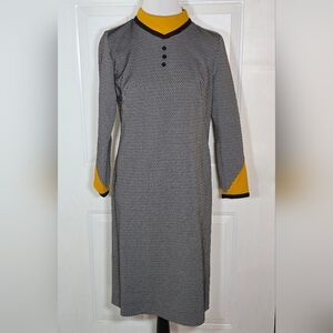 Vintage Black Mustard Yellow Women's Geometric Mod Dress Long Sleeve